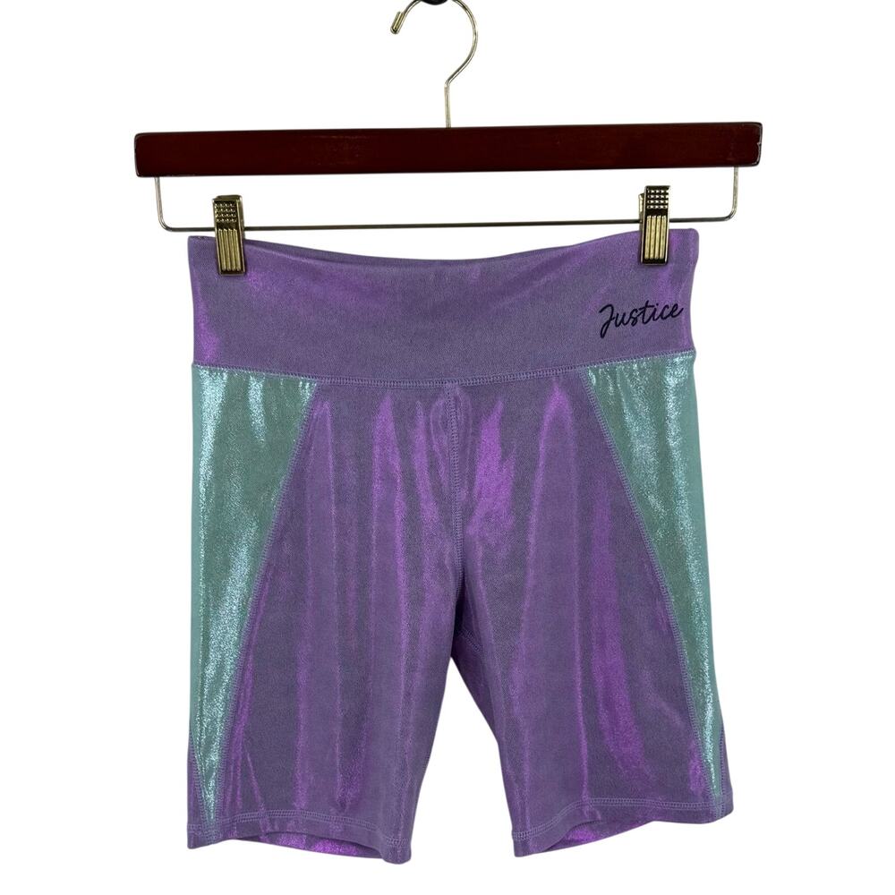 Justice Girls Biker Shorts Size XL (16) Purple Green Iridescent Stretch - Picture 1 of 4